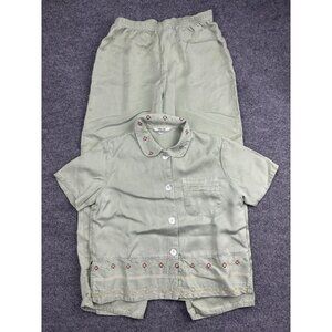 Froxx 2 Piece Set Womens Petite Small Green Tencel Floral Embroidered